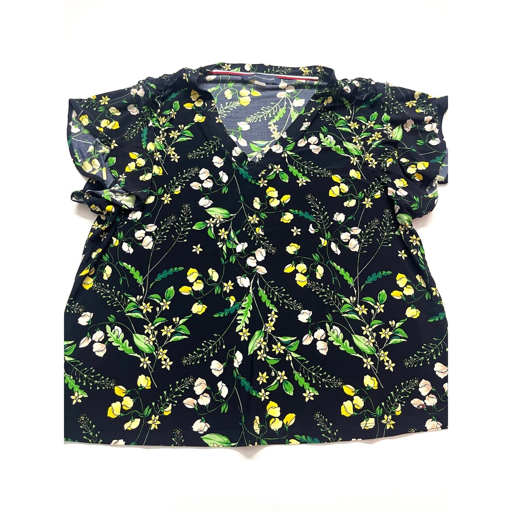 Tommy Hilfiger Navy Blue Yellow Floral Ruffle Sleeve V-Neck Blouse XL 0371